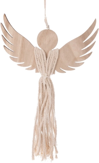 Ange en bois et macramé en finition brun naturel