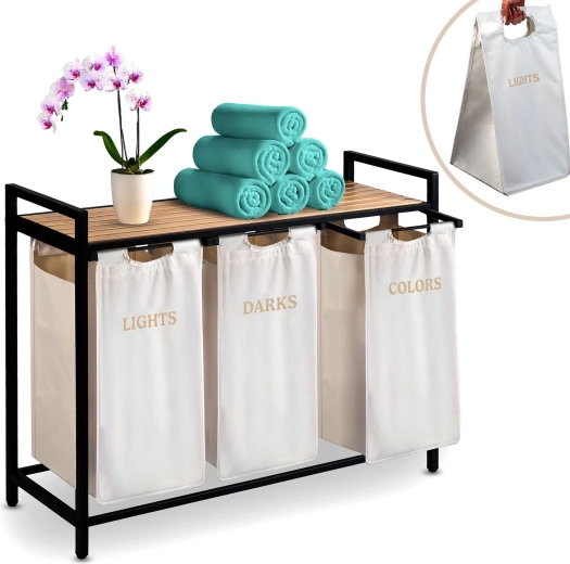 Panier à linge à trois compartiments avec étagère Massido 120 l