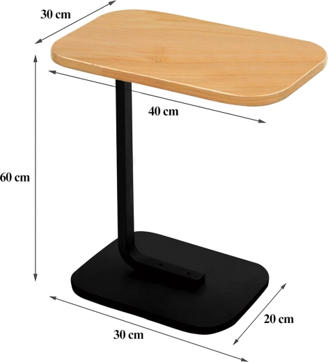 Table d’appoint en forme de C pour salon et chambre, bois clair et métal noir