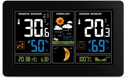 Station météo Solight avec très grand écran LCD couleur, température, humidité et pression, noire