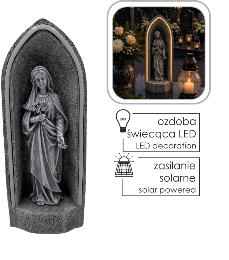 Figurine solaire de la Vierge Marie dans une chapelle avec éclairage LED