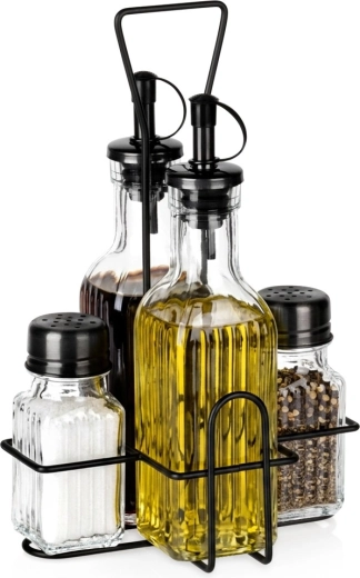 Ensemble Vilde de bouteilles pour huile et vinaigre avec salière et poivrière sur support, 5 pièces