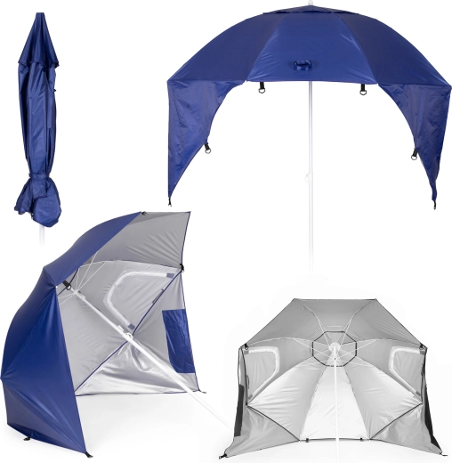 Parasol de plage MultiGarden 2-en-1 avec parois coupe-vent, hauteur réglable 125–200 cm, bleu