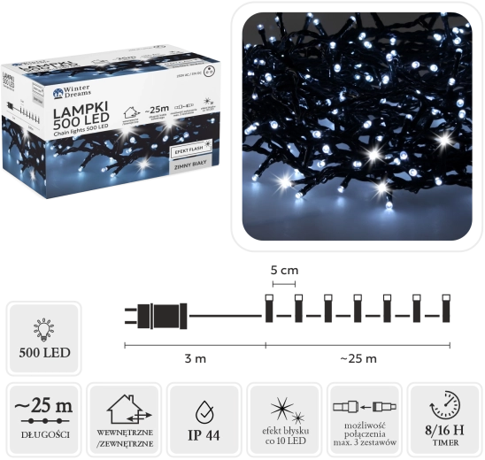 Guirlande lumineuse LED de 500 diodes, blanc froid avec effet flash, 25 m
