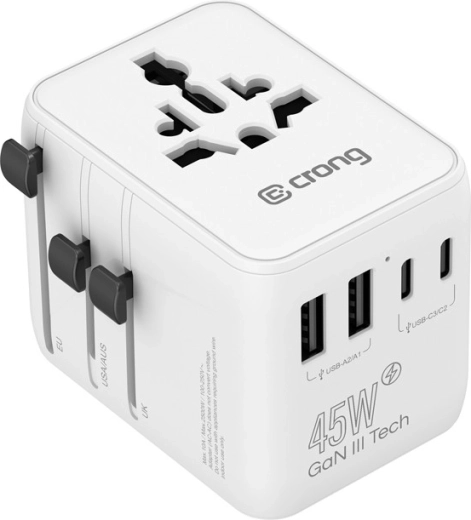 Adaptateur de voyage et chargeur GaN 45 W avec USB-C/USB-A (UK/EU/US/AU), blanc - 1 pièce