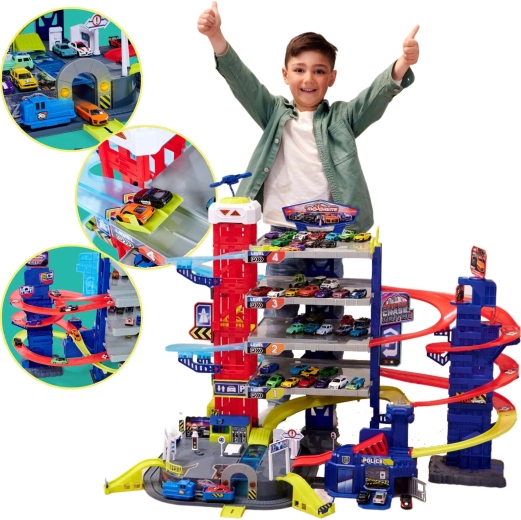 Grande garage Super Chase Center avec circuits et 4 voitures avec lumières et sons MAJORETTE