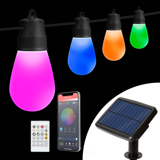Guirlande lumineuse solaire avec 15 ampoules LED RGBIC, 6,5 m, Bluetooth