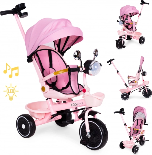 Tricycle poussette pour enfants rose avec siège pivotant et barre de guidage ECOTOYS