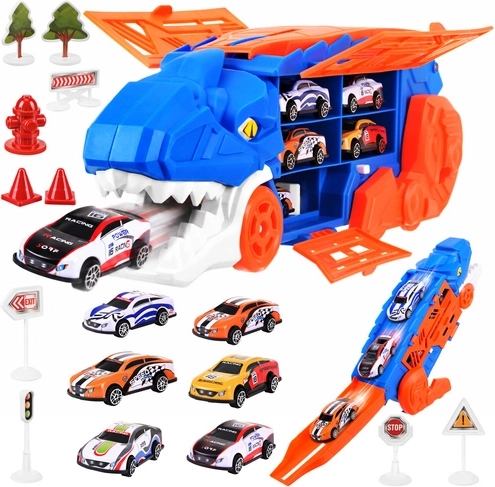 Transporteur dinosaure T-Rex avec circuit automobile et 6 petites voitures