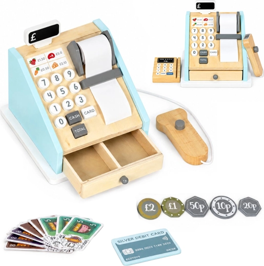 Caisse enregistreuse en bois pour enfants avec terminal de paiement et scanner ECOTOYS