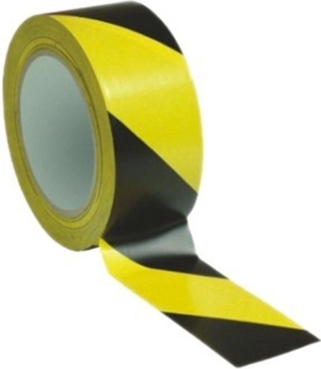 Ruban adhésif de signalisation 48 mm × 66 m, jaune‑noir, bandes obliques vers la droite