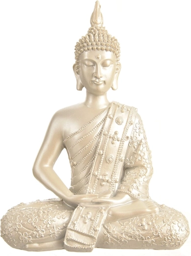 Statuette Bouddha argentée en polystone 27 cm