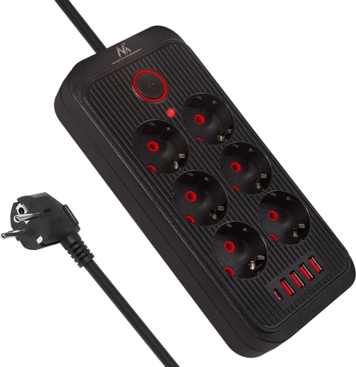 Multiprise parafoudre 6 prises avec USB-A et USB-C, 2500 W, noire