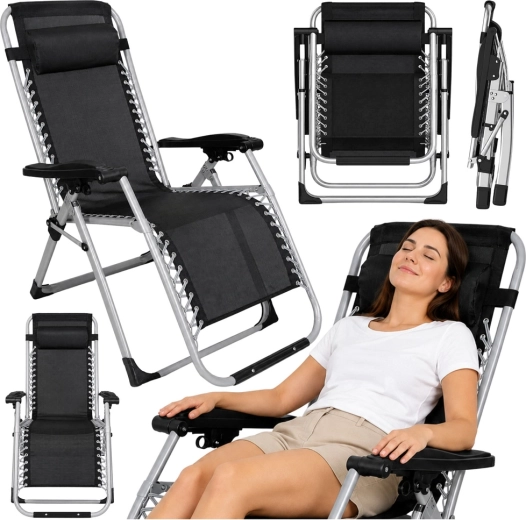 Transat de jardin pliant avec tablette latérale et appuie-tête, anthracite