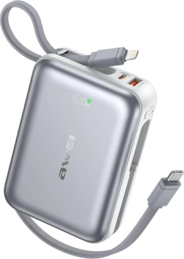 Batterie externe AWEI 20000 mAh avec charge rapide 45 W, USB‑A/USB‑C, câbles intégrés Lightning et USB‑C, argent