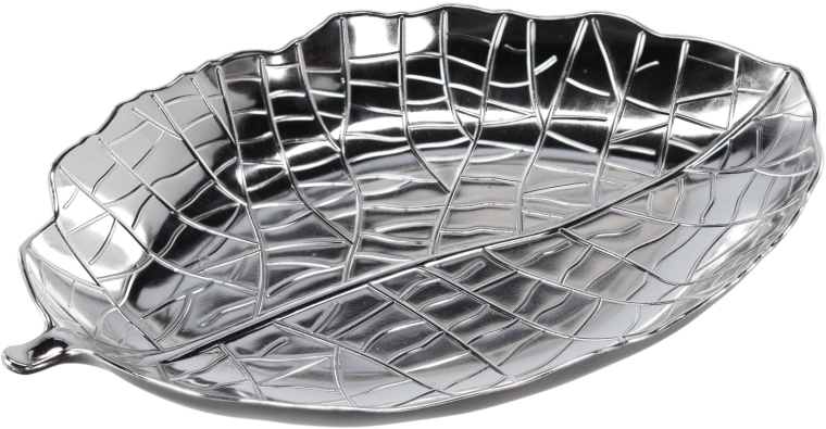 Plateau décoratif argenté avec motif feuille 39 × 27 cm