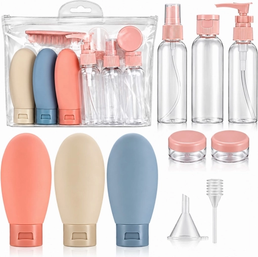 Kit de voyage de flacons et pots de cosmétique rechargeables pour l’avion (12 pcs)
