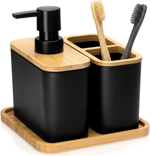 Vilde – ensemble de salle de bain noir avec bambou, 3 pièces