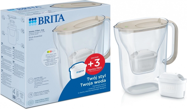 Carafe filtrante BRITA Style Essential 2,4 l avec 3 filtres, couleur sable