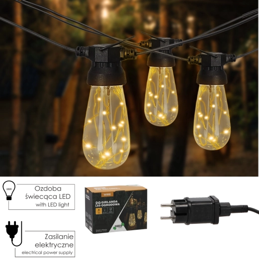 Guirlande lumineuse LED de jardin de 19 m, 20 LED, blanc chaud