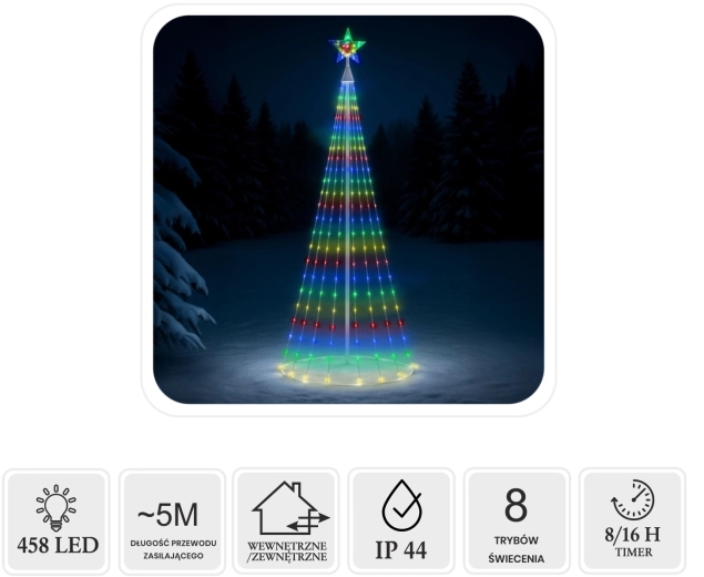 Sapin de Noël conique LED avec étoile 3 m, 458 LED, multicolore, pour usage intérieur et extérieur