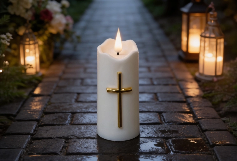 Bougie LED 5 × 11,5 cm blanche avec croix dorée