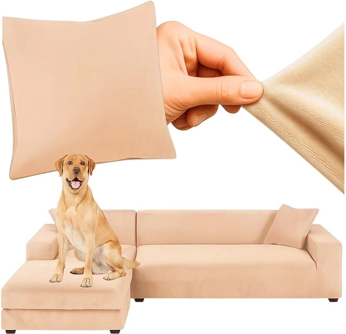 Housse élastique en velours pour canapé d’angle RUHHY beige 145–185 cm - 1 pièce