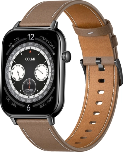 Montre connectée COLMI C28 noire avec bracelet en cuir marron