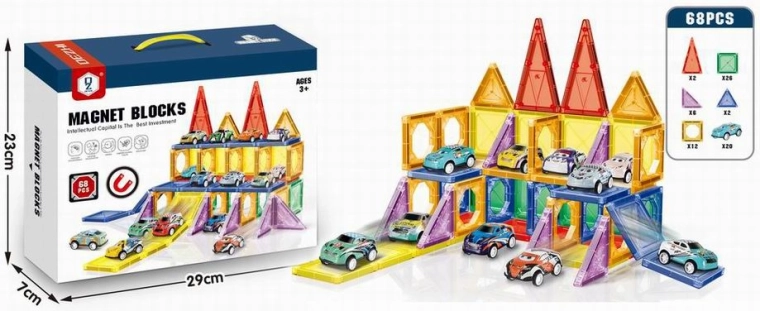 Jeu de construction magnétique 3D avec petites voitures, 68 pièces