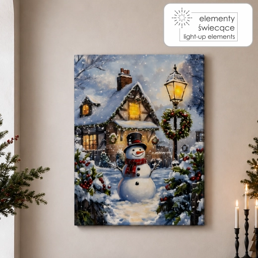 Tableau sur toile avec éclairage LED – bonhomme de neige dans un décor hivernal 30 × 40 cm - 1 pièce