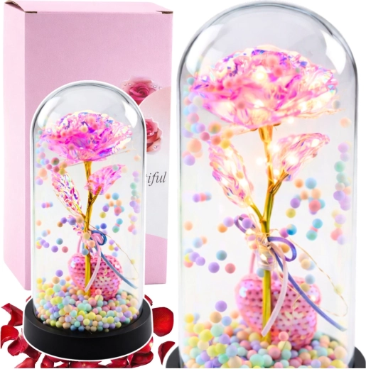 Rose éternelle rose sous cloche en verre avec éclairage LED, cœur et boules colorées