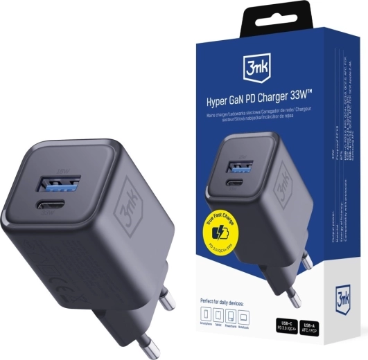 Chargeur secteur 3MK Hyper Charger PD 33W GaN USB-A et USB-C noir