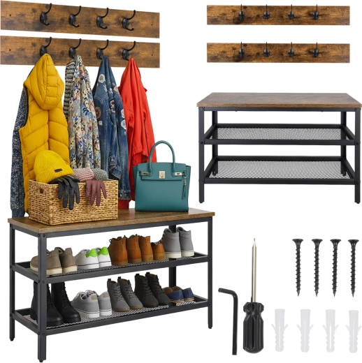 Ruhhy meuble à chaussures avec banc et porte-manteau 73 cm, loft/industriel