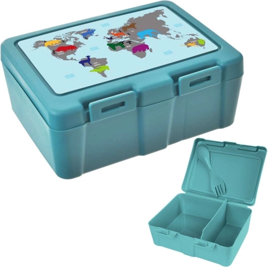 Boîte à déjeuner 1 l avec carte du monde, 2 compartiments et couvert 2-en-1