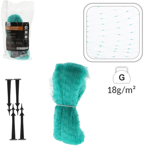 Filet de protection anti-oiseaux 2 × 10 m, 5 g/m², vert + 6 piquets d’ancrage