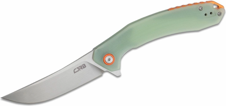 Couteau de poche pliant CJRB Gobi 8,9 cm, stonewash, G10 vert transparent (texture CNC)