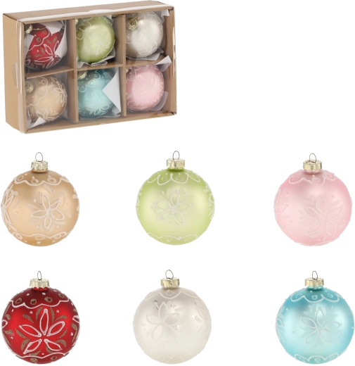 Set de boules de Noël en verre 8 cm – assortiment de motifs colorés (6 pcs)