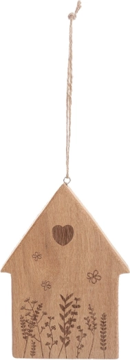 Décoration suspendue en bois – petite maison avec motif floral, marron, 16 cm