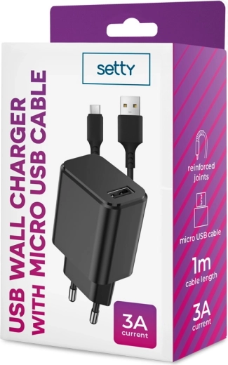 Chargeur secteur SETTY 1x USB 3A noir + câble microUSB 1 m