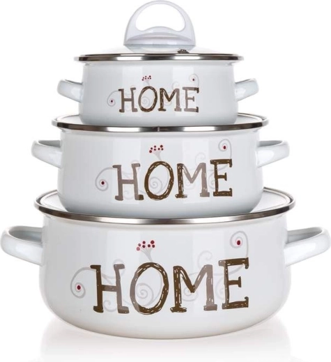 Set de casseroles émaillées BANQUET Home, 6 pcs, blanches avec couvercles en verre