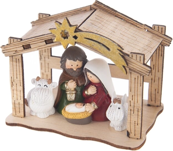 Décoration de Noël : crèche en bois et en polyrésine