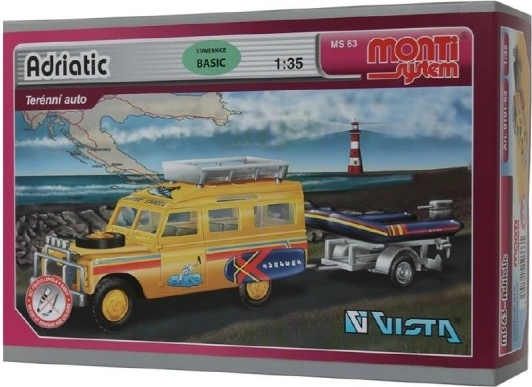 Maquette Monti System MS 63 Adriatic Land Rover-remorque avec bateau/canot 1:35 en boîte 22x15x6 cm