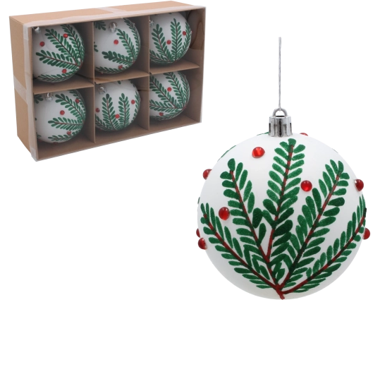 Set de boules de Noël blanches avec motif de brindilles 8 cm (6 pcs)