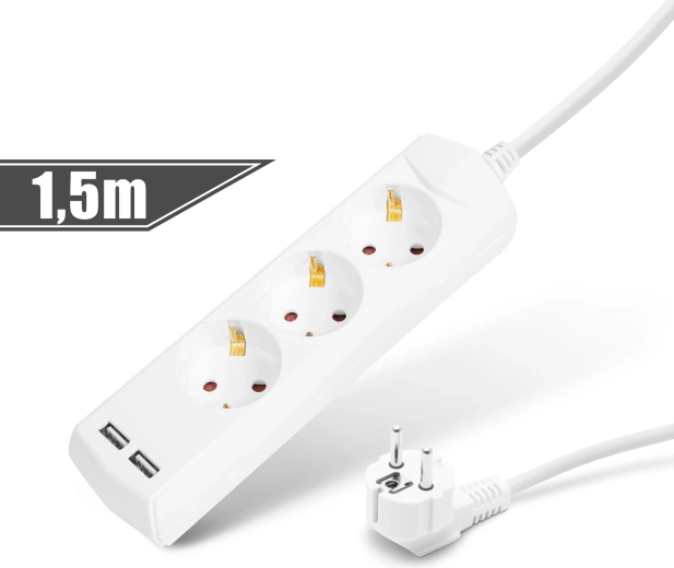Rallonge électrique avec 3 prises et 2 ports USB, 1,5 m