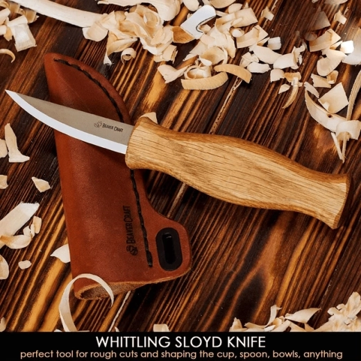 Couteau de sculpture sloyd BeaverCraft C4S avec manche en chêne et étui en cuir