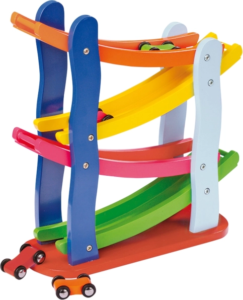 Petite piste de course en bois avec 4 petites voitures