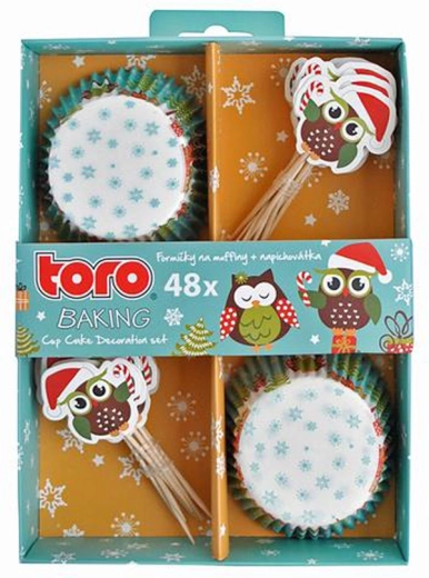 Caissettes en papier pour muffins avec pics TORO – chouettes de Noël, 24 pcs