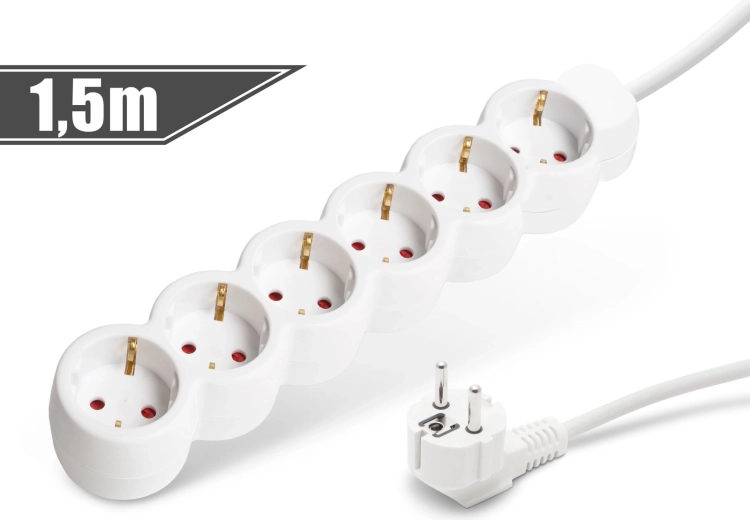 Rallonge électrique blanche avec 6 prises, 1,5 m