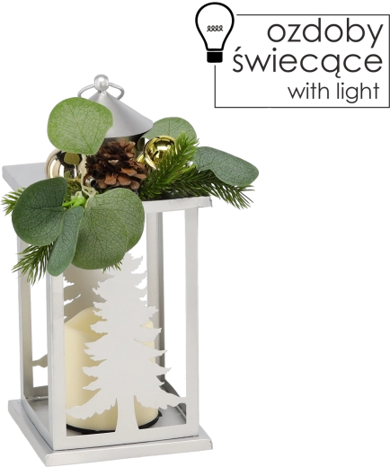 Lanterne métallique de Noël avec sapins et bougie LED, argentée