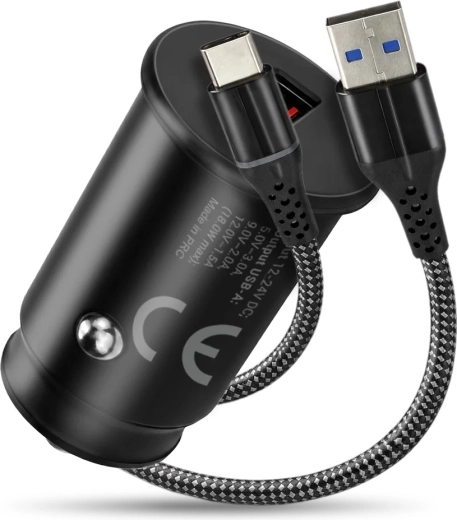 Chargeur voiture QC 3.0 18 W avec câble USB‑C 1 m everActive